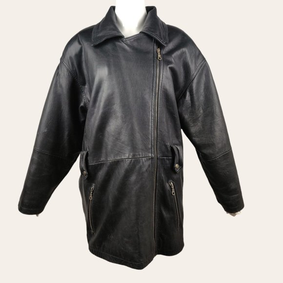 Vintage 1980s Supple Black Leather Trench Coat NEW WAVE French Tradition Express - Picture 3 of 16